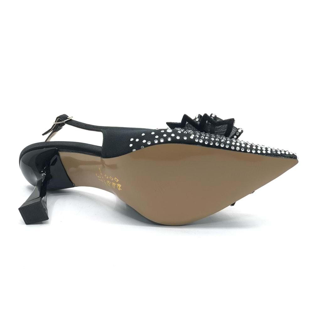 Feles Saten Kurdela Taş Detaylı Arkası Açık Stiletto Kadın Topuklu Ayakkabı