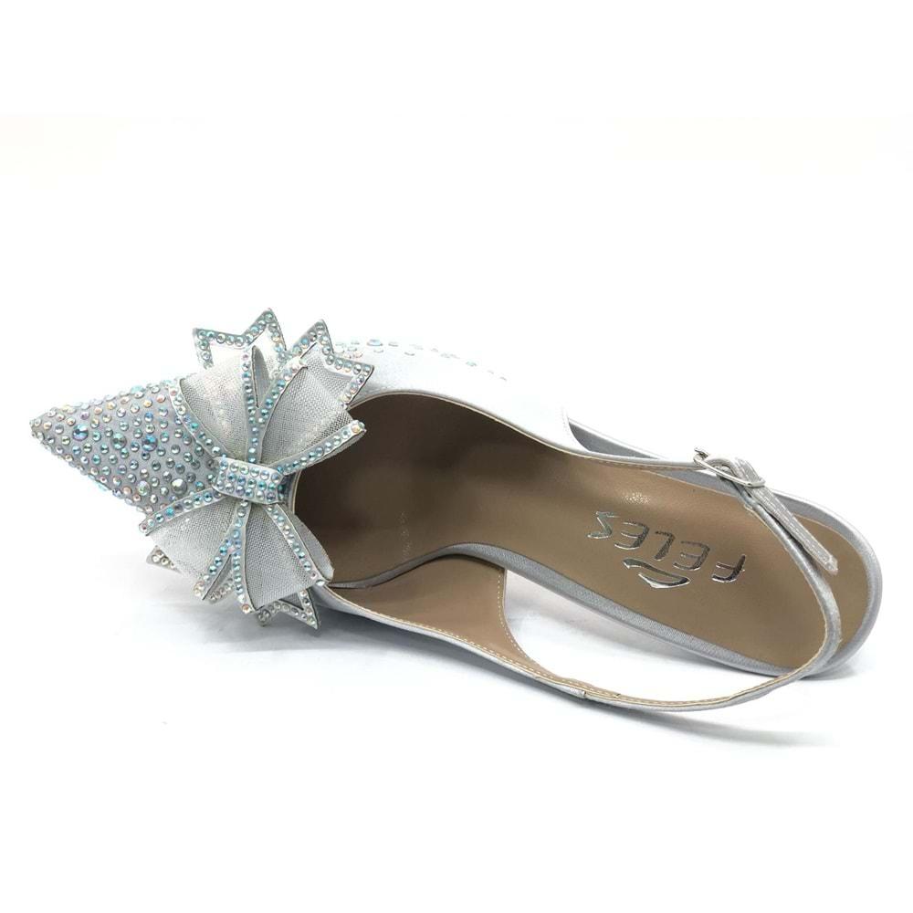 Feles Saten Kurdela Taş Detaylı Arkası Açık Stiletto Kadın Topuklu Ayakkabı