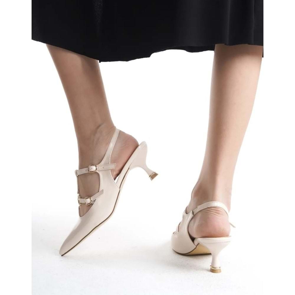 Feles Şeker Topuklu Çift Toka Detaylı Arkası Açık Stiletto Kadın Kısa Topuklu Ayakkabı
