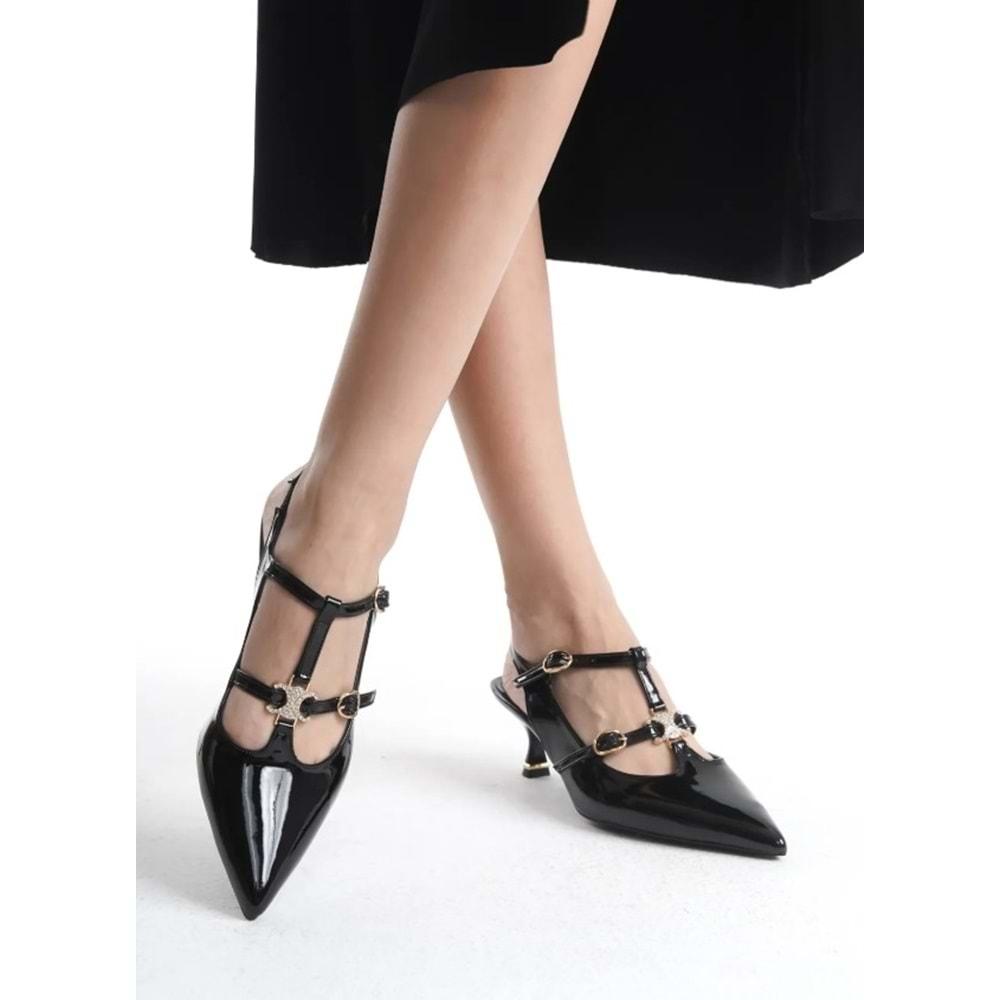 Feles Şeker Topuklu Çift Toka Detaylı Arkası Açık Stiletto Kadın Kısa Topuklu Ayakkabı
