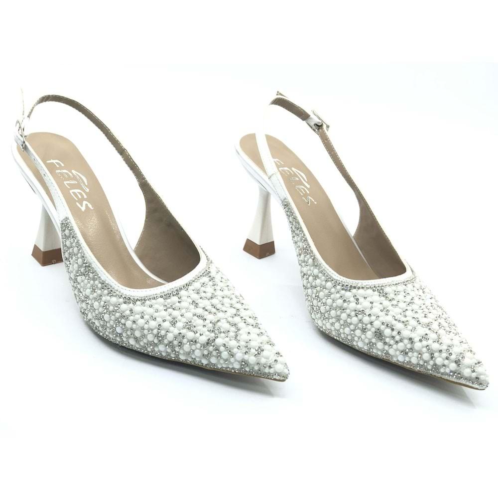 Feles Gelinlik Ayakkabısı Taş Detaylı Arkası Açık Stiletto Kadın Topuklu Ayakkabı