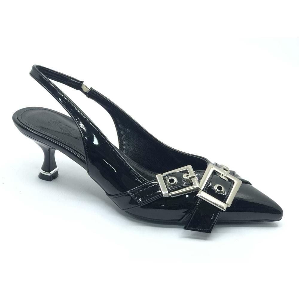 Feles Şeker Topuklu Çift Toka Detaylı Arkası Açık Stiletto Kadın Kısa Topuklu Ayakkabı