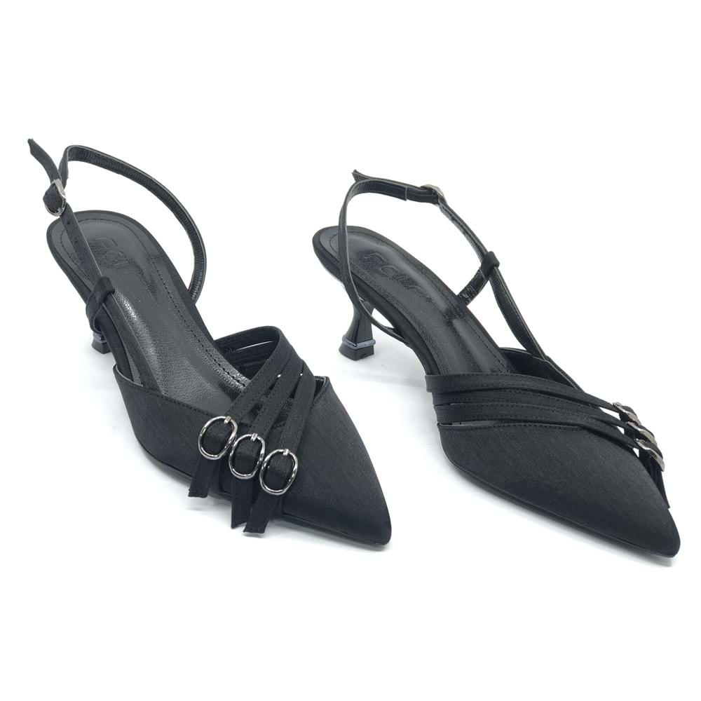 Feles Şeker Topuklu Üç Toka Detaylı Arkası Açık Stiletto Kadın Kısa Topuklu Ayakkabı