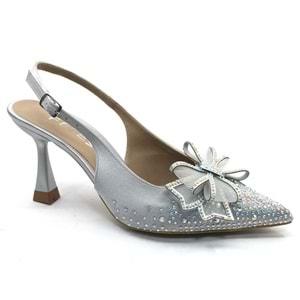 Feles Saten Kurdela Taş Detaylı Arkası Açık Stiletto Kadın Topuklu Ayakkabı