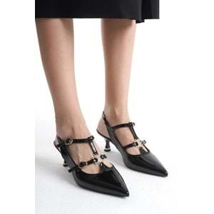 Feles Şeker Topuklu Çift Toka Detaylı Arkası Açık Stiletto Kadın Kısa Topuklu Ayakkabı