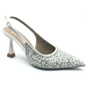 Feles Gelinlik Ayakkabısı Taş Detaylı Arkası Açık Stiletto Kadın Topuklu Ayakkabı