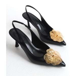 Feles Sarı Gül Detaylı Arkası Açık Stiletto Kadın Topuklu Ayakkabı