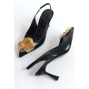 Feles Sarı Gül Detaylı Arkası Açık Stiletto Kadın Topuklu Ayakkabı