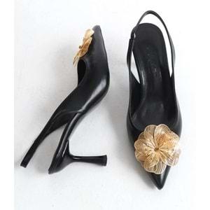 Feles Sarı Gül Detaylı Arkası Açık Stiletto Kadın Topuklu Ayakkabı