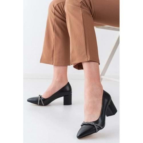 Mehtap Örgü Taş Dekolteli Kalın Topuk Kadın Topuklu Ayakkabı Sitiletto