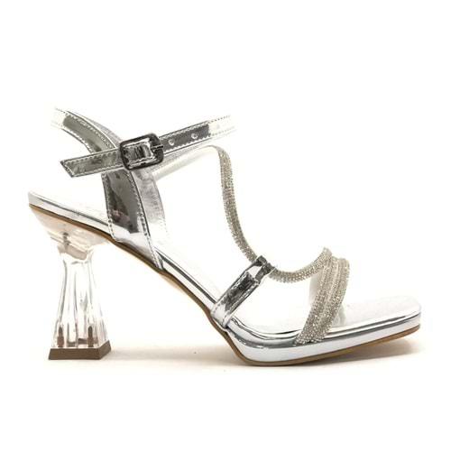İremsu Şerit Taş Detaylı 8 cm Şeffaf Topuklu İnce Platform Kadın Abiye Ayakkabı