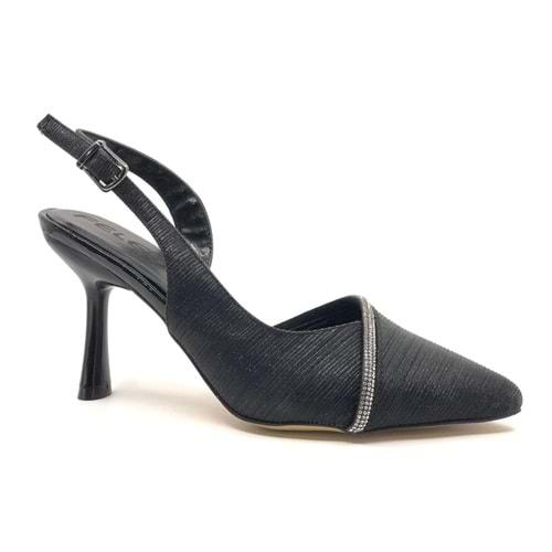 Feles Saten Şerit Taşlı Arkası Açık Stiletto Kadın Topuklu Ayakkabı