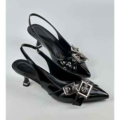 Feles Şeker Topuklu Çift Toka Detaylı Arkası Açık Stiletto Kadın Kısa Topuklu Ayakkabı