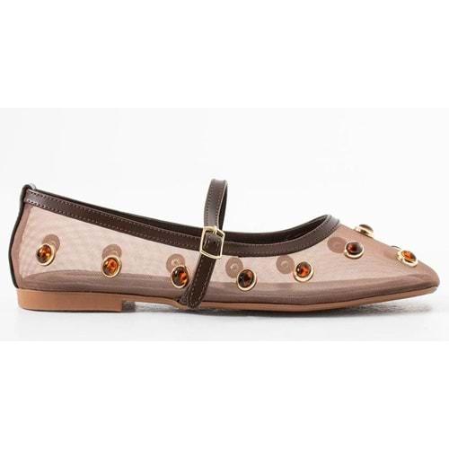 Feles Kemer Toka Taş Detaylı Fileli Kadın Babet Ayakkabı